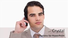  Presentation with salesman - Amazing slide deck having close up of serious salesman on his mobile phone against a white background backdrop and a mint green colored foreground