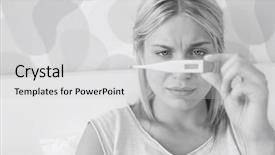 Presentation with temperature - Presentation theme enhanced with close-up of sick woman taking temperature with thermometer in bed background and a light gray colored foreground