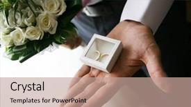  Presentation with wedding rings - Presentation theme featuring close-up of small decorative box with two wedding rings in it on human palm background and a coral colored foreground