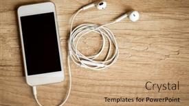  Presentation with music headphones - Presentation theme having close-up-of-smart-phone background and a coral colored foreground