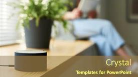  Presentation with using digital tablet - PPT layouts enhanced with close-up-of-smart-speaker background and a coral colored foreground