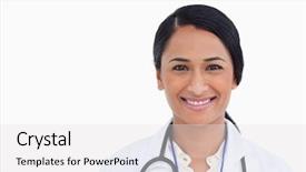  Presentation with physician - Cool new PPT theme with close up of smiling female physician against a white background backdrop and a white colored foreground