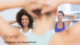  Presentation with females - Presentation design enhanced with close-up of smiling females with blurred trainer doing stretching exercises at fitness studio background and a lemonade colored foreground