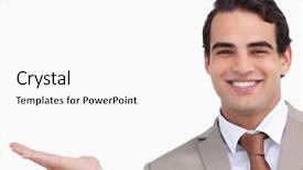  Presentation with salesman - Cool new PPT theme with close up of smiling salesman holding palm up against a white background backdrop and a white colored foreground
