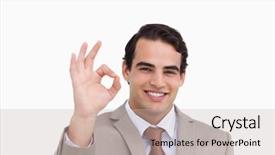  Presentation with salesman - Theme with close up of smiling salesman giving his approval against a white background background and a soft green colored foreground