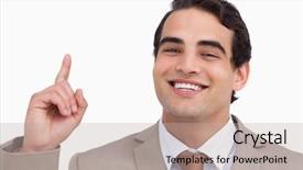  Presentation with salesman - Colorful slide deck enhanced with close up of smiling salesman pointing up against a white background backdrop and a mint green colored foreground