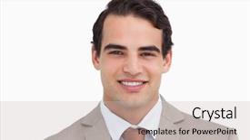  Presentation with salesman - Slide deck featuring close up of smiling salesman against a white background background and a soft green colored foreground