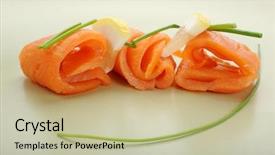  Presentation with salmon - Slide set consisting of close-up of smoked salmon served on plate with lemon background and a mint green colored foreground