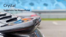 Presentation with car racing - PPT theme having car back spoiler on speedway background and a light blue colored foreground