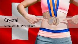  Presentation with chest - Presentation theme with close up of sportswoman chest with medals against digitally generated swiss national flag background and a coral colored foreground