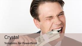  Presentation with us dollars - Slide deck enhanced with close-up of strange businessman background and a  colored foreground