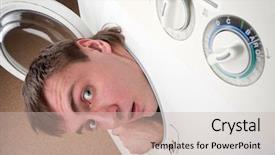  Presentation with machine - PPT theme having close-up of surprised man background and a soft green colored foreground