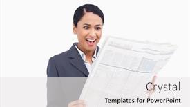  Presentation with news paper - Slide deck having close up of surprised saleswoman reading the news paper against a white background background and a white colored foreground