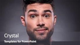  Presentation with faint - Theme consisting of close-up of the head of a young man looking into the camera with his eyebrows raised and with a faint smile on a black studio background background and a dark gray colored foreground