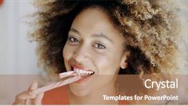  Presentation with festive season - Slides enhanced with close up of the smiling face of an attractive young woman biting a festive candy cane symbolic of christmas and the holiday season background and a coral colored foreground