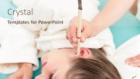  Presentation with ear - Presentation design consisting of close up of therapist hand with burning ear candle in woman's ear background and a cream colored foreground