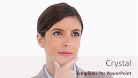  Presentation with entrepreneur - Colorful PPT theme enhanced with close up of thoughtful female entrepreneur against a white background backdrop and a lemonade colored foreground