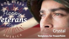 Presentation with veterans day - Audience pleasing PPT theme consisting of close up of thoughtful soldier backdrop and a coral colored foreground