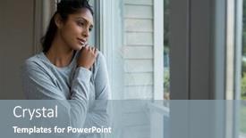  Presentation with shoulder - Amazing presentation theme having close up of thoughtful young woman with hand on shoulder by window at home backdrop and a light blue colored foreground