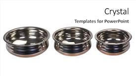  Presentation with stainless steel - PPT theme having close-up of three stainless steel cooking pots background and a white colored foreground