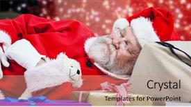  Presentation with red stars - Audience pleasing presentation theme consisting of close-up of tired santa claus sleeping beside christmas presents against white snow and stars on red backdrop and a coral colored foreground