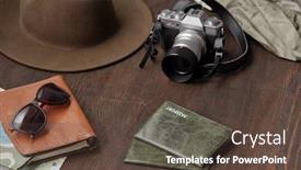  Presentation with tourists - Beautiful PPT theme featuring close-up-of-tourists-stuff backdrop and a tawny brown colored foreground