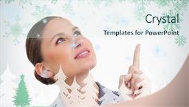  Presentation with snowflakes - PPT layouts featuring close up of tradeswoman looking and pointing up against snowflakes and fir tree in green background and a sky blue colored foreground