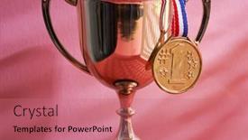  Presentation with medal - Audience pleasing theme consisting of close-up-of-trophy backdrop and a coral colored foreground