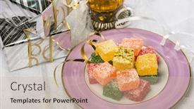 Presentation with packs - Presentation theme enhanced with close-up-of-turkish-delight background and a soft green colored foreground