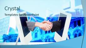  Presentation with shares - Slide set consisting of close up of two businesspeople shaking their hands against stocks and shares background and a cool aqua colored foreground