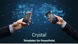 Presentation with smartphones - PPT layouts having close up of two hands holding smartphones to sync business data background and a navy blue colored foreground