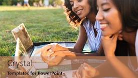  Presentation with computers - PPT theme with close up of two happy young girls students laying on a grass at the campus studying with laptop computers background and a coral colored foreground