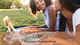  Presentation with computers - Audience pleasing slide deck consisting of close up of two lovely young girls students laying on a grass at the campus studying with laptop computers backdrop and a coral colored foreground