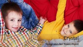  Presentation with smiling kids at summer camp - Beautiful presentation featuring close-up of two peers backdrop and a gold colored foreground