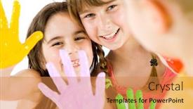  Presentation with focus - Colorful PPT theme enhanced with close-up of two little girls showing their painted colourful hands to a boy focus on girls backdrop and a gold colored foreground