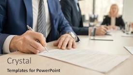  Presentation with meeting table - Theme with close-up-of-unrecognizable-businessman background and a lemonade colored foreground