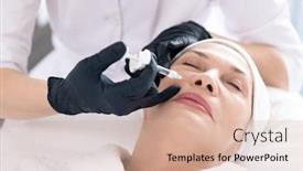  Presentation with syringe - Slide deck with close-up-of-unrecognizable-cosmetologist background and a coral colored foreground