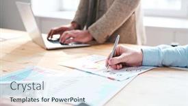  Presentation with financial report - Cool new presentation theme with close-up-of-unrecognizable-financial backdrop and a sky blue colored foreground