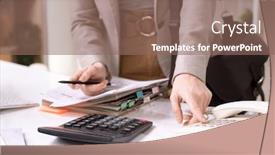  Presentation with desk - PPT theme featuring close-up-of-unrecognizable-manager background and a violet colored foreground