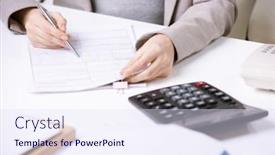  Presentation with office - Colorful PPT theme enhanced with close-up-of-unrecognizable-office backdrop and a sky blue colored foreground