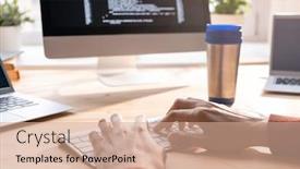  Presentation with code - Slide deck enhanced with close-up-of-unrecognizable-programmer background and a coral colored foreground