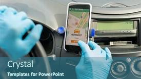 Presentation with smartphone app - Beautiful PPT theme featuring close-up-of-unrecognizable-taxi backdrop and a ocean colored foreground