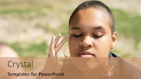  Presentation with black girl - Slide deck having close-up-of-unrecognizable-woman background and a coral colored foreground