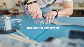  Presentation with leather craft - Audience pleasing presentation consisting of close-up-of-unrecognizable-workman backdrop and a teal colored foreground