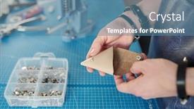  Presentation with product - Cool new presentation design with close-up-of-unrecognizable-workman backdrop and a teal colored foreground