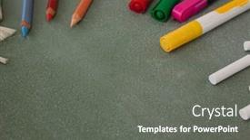 Presentation with color pencils - Audience pleasing presentation theme consisting of close-up of various color pencils marker pens and chalk on chalkboard backdrop and a gray colored foreground