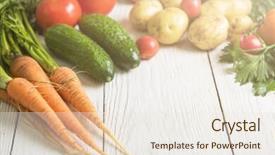  Presentation with grown - Slide set with close up of various freshly grown raw vegetables background and a sky blue colored foreground