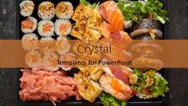  Presentation with set of sushi salmon - PPT theme having close-up-of-various-sushi background and a red colored foreground