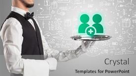  Presentation with social media - Theme featuring close-up-of-waiter-serving background and a light gray colored foreground