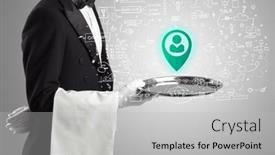  Presentation with social - PPT layouts featuring close-up-of-waiter-serving background and a light gray colored foreground